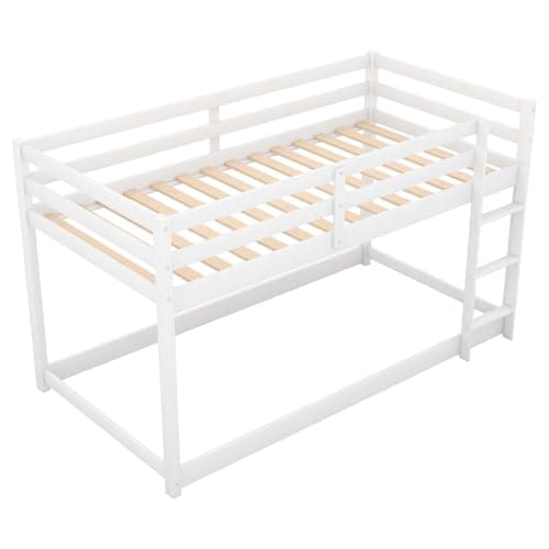 i-POOK Low Floor Twin Bunk Bed with Ladder & Guardrail, 400LBS Capacity, Easy Assemble, White