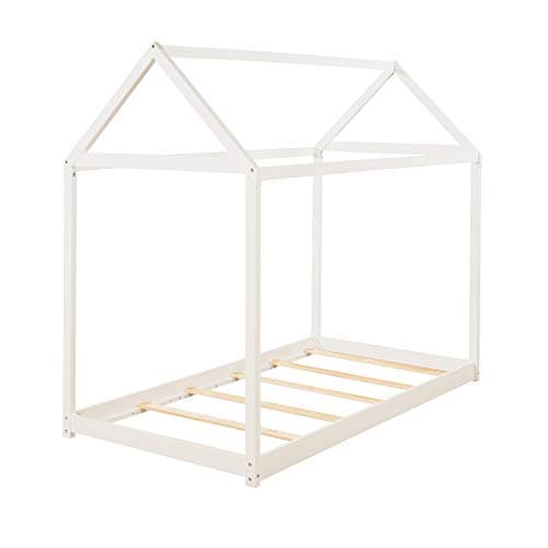 i-POOK White Twin Size Wooden House Bed with Roof