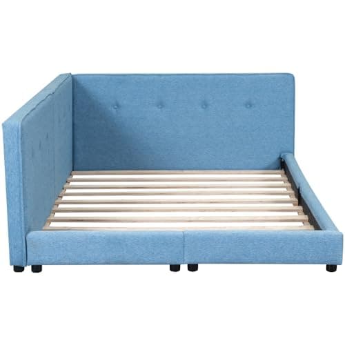 Wood Floor Bed Frame with USB Ports, Blue - Low Profile for Adults and Children up to 600 lbs.