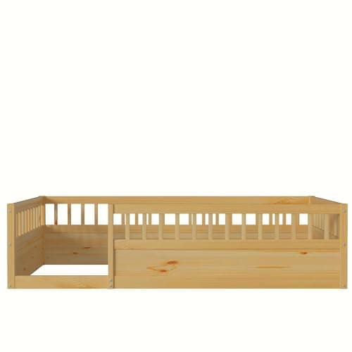 Twin Size Toddler Floor Bed Frame with High Rails & Montessori Design (Natural)