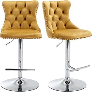 Navy Velvet Swivel Bar Stools, Tufted Back, Silver Chrome Base (2 Pcs)