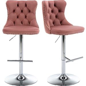 Navy Velvet Swivel Bar Stools, Tufted Back, Silver Chrome Base (2 Pcs)