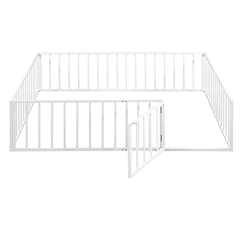 Queen Size Metal Floor Bed Frame with Fence & Door, White, No Box Spring Needed