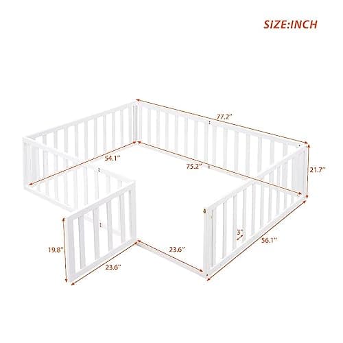 Full Size Montessori Floor Bed with Fence and Door, White Wood Daybed Frame