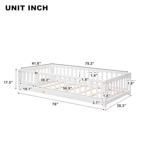 Montessori Twin Bed Frame with Convertible Door & Safety Rails, White