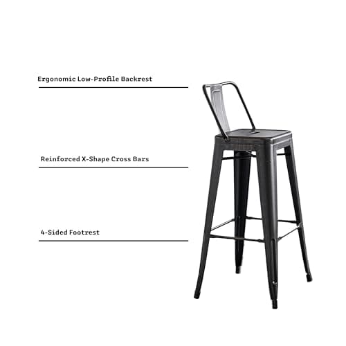 AC Pacific Rustic Country Metal Barstool Set of 2, 30" Seat, Distressed Black