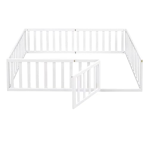 Full Size Montessori Floor Bed with Fence and Door, White Wood Daybed Frame