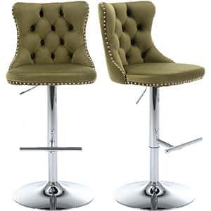 Navy Velvet Swivel Bar Stools, Tufted Back, Silver Chrome Base (2 Pcs)