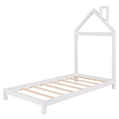 i-POOK Twin Size House Bed with White Roof and Chimney, No Box Spring Needed