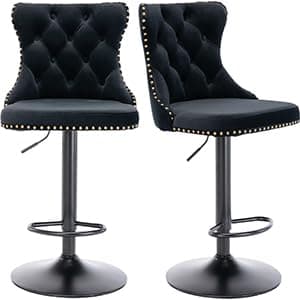 Navy Velvet Swivel Bar Stools, Tufted Back, Silver Chrome Base (2 Pcs)