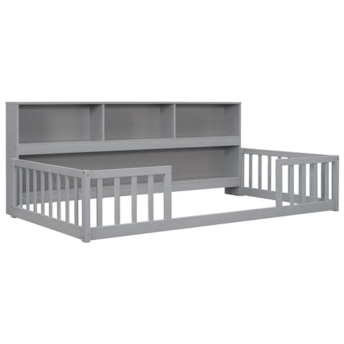 Grey Twin Montessori Floor Bed with Bookcase & Safety Guardrails