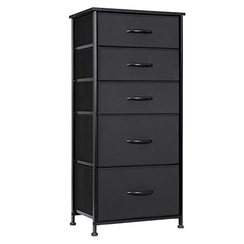 Black Vertical Storage Tower Dresser with 5 Drawers & Wood Top for Bedroom