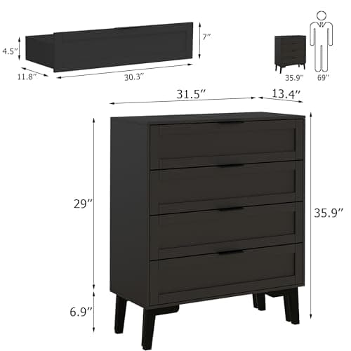 Black TaoHFE 4-Drawer Dresser for Bedroom, Modern 36inch Tall Wood Chest