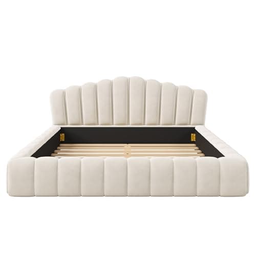 LUSPAZ Beige Queen Size Floor Bed with Shell Headboard and Vertical Seams