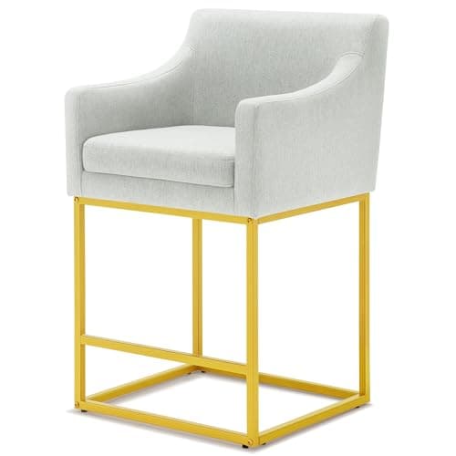 Modern 26" Counter Height Bar Stools, Linen Back, Gold Metal, Set of 3