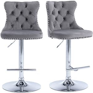 Navy Velvet Swivel Bar Stools, Tufted Back, Silver Chrome Base (2 Pcs)