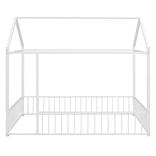 Bellemave Full Size Montessori Metal House Bed with Fence, White