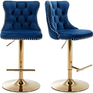 Navy Velvet Swivel Bar Stools, Tufted Back, Silver Chrome Base (2 Pcs)