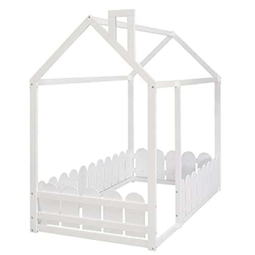 Wood House Bed Frame for Children with Full-Length Guardrail, Twin Size, White