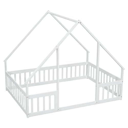 Wooden Montessori Full Floor Bed for Kids with Fence, Playhouse Play Bed - White