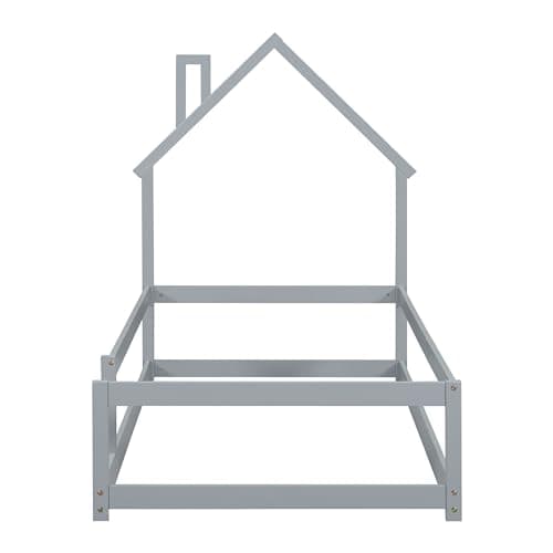 Montessori Twin Floor Bed with Roof & Guardrails, Easy Assembly, Grey
