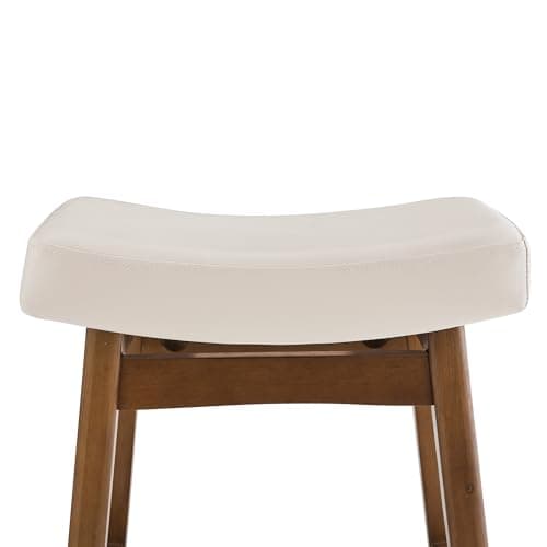 Antique White Leather Bar Stools Set of 3, Sturdy Wood Legs, 24 Inch Farmhouse Counter Height