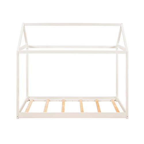 i-POOK White Twin Size Wooden House Bed with Roof