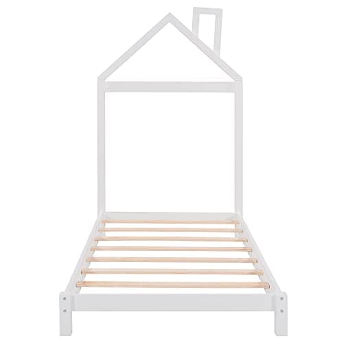 i-POOK Twin Size House Bed with White Roof and Chimney, No Box Spring Needed