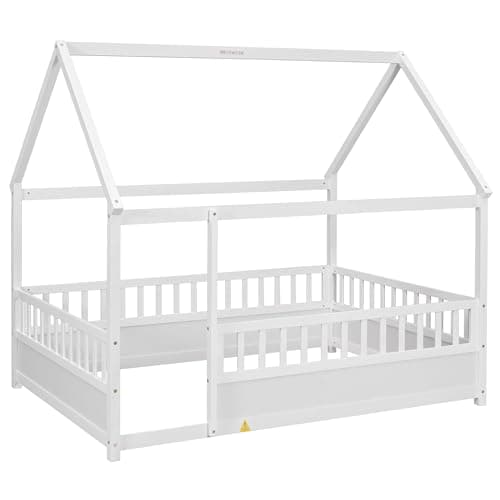 Full Size Wood Montessori Floor Bed with High Fence & Roof