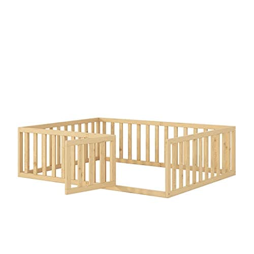 Wooden Montessori Full Size Bed Frame with Safety Rails for Kids, Easy Assembly, Natural Wood Finish