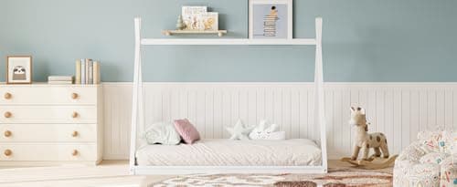 Montessori Twin Size Floor Bed with Fence, White