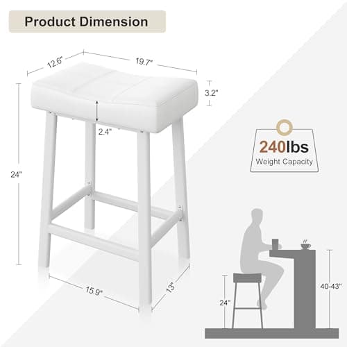 Counter Height Bar Stools Set, 24" White Upholstered Barstools for Kitchen Island