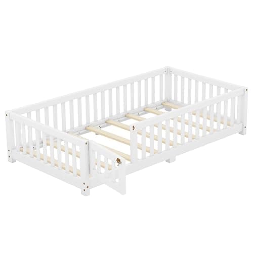 Wooden Montessori Twin Floor Bed with Slats and Support Bar