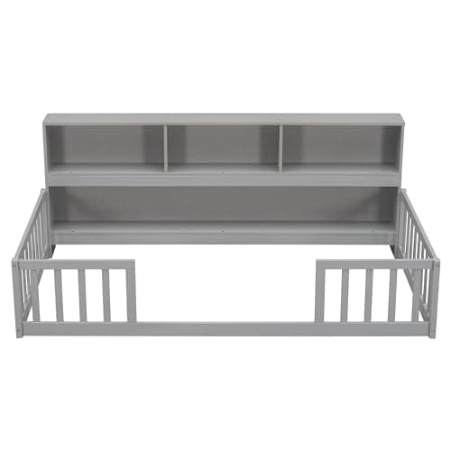 Grey Twin Montessori Floor Bed with Bookcase & Safety Guardrails