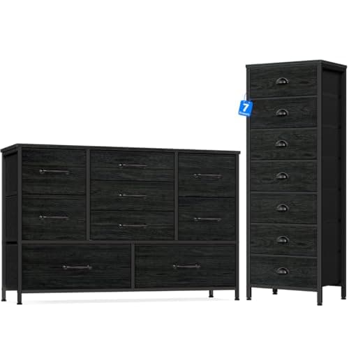 Furnulem Black 7 Drawer & 9Drawer Dresser with FabricBins