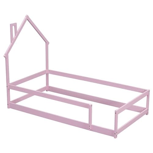Montessori Twin Floor Bed for Kids with Roof & Guardrails, Pink