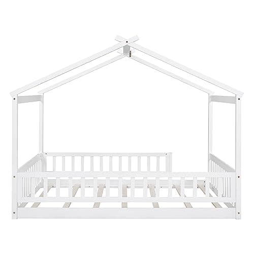 White Wooden Montessori Style Floor Bed with Fence for Kids