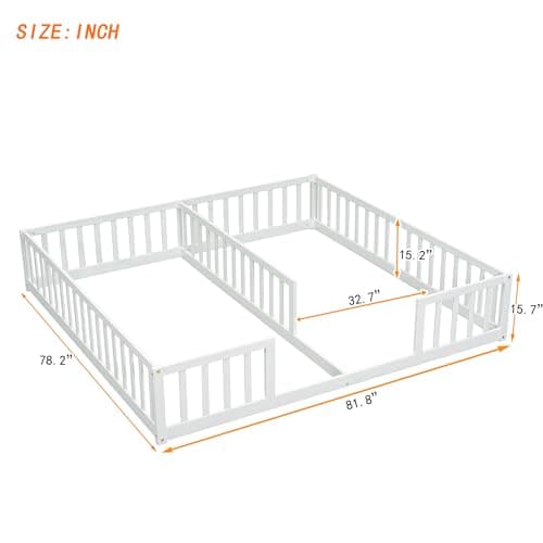 Montessori Wooden Floor Bed for 2 Kids, White Fence RailINGS, Box Spring Needed