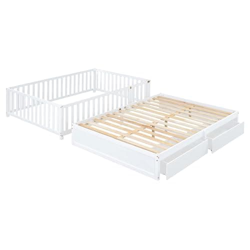 i-POOK Full Size White Wooden Daybed with Drawers & Fence Guardrails