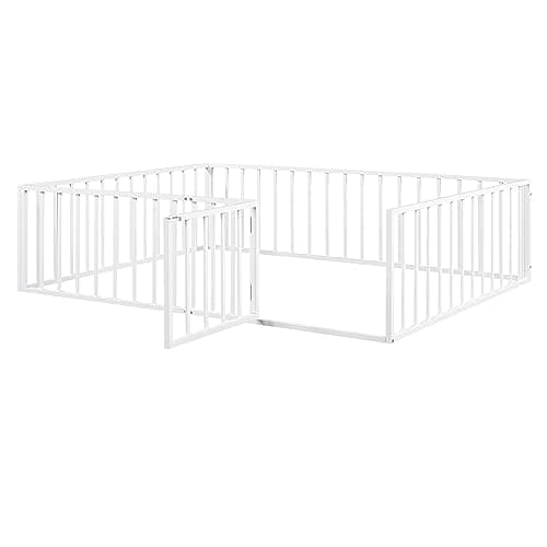 Queen Size Metal Floor Bed Frame with Fence & Door, White, No Box Spring Needed