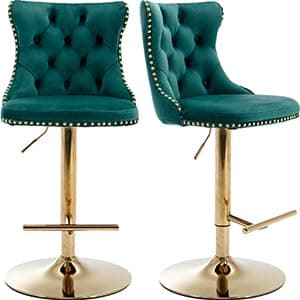 Navy Velvet Swivel Bar Stools, Tufted Back, Silver Chrome Base (2 Pcs)