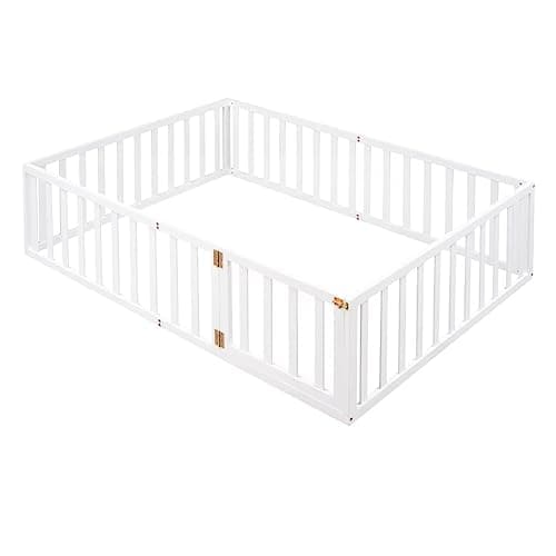 Full Size Montessori Floor Bed with Fence and Door, White Wood Daybed Frame
