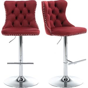 Navy Velvet Swivel Bar Stools, Tufted Back, Silver Chrome Base (2 Pcs)