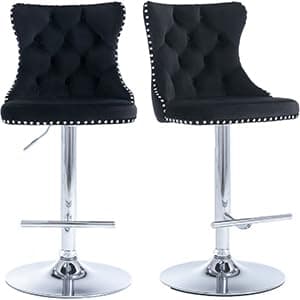 Navy Velvet Swivel Bar Stools, Tufted Back, Silver Chrome Base (2 Pcs)