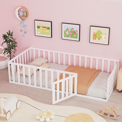 Twin Size Wood Montessori Bed with Guardrails & Detachable Door, White