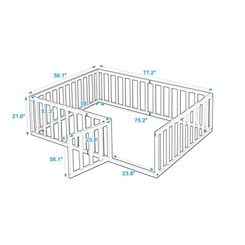 Full Floor Bed Frame for Toddler with Fence and Wood Slats