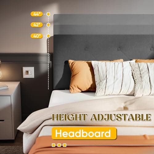 Queen Bed Frame with Headboard Storage Drawers, Mattress Foundation, Grey