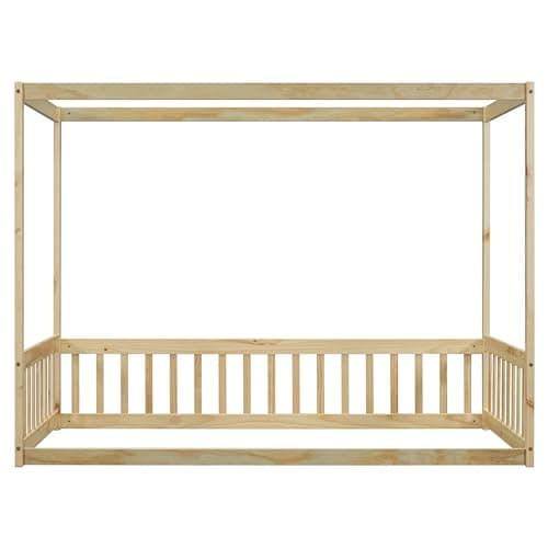 Twin Size Floor Bed Canopy Frame for Kids, Wood Fence, Natural, No Box Spring Needed