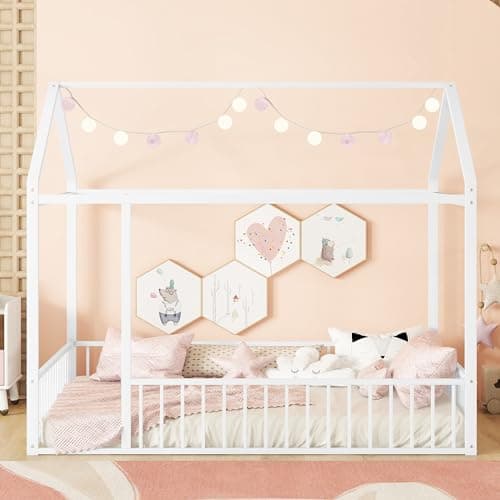 Bellemave Full Size Montessori Metal House Bed with Fence, White