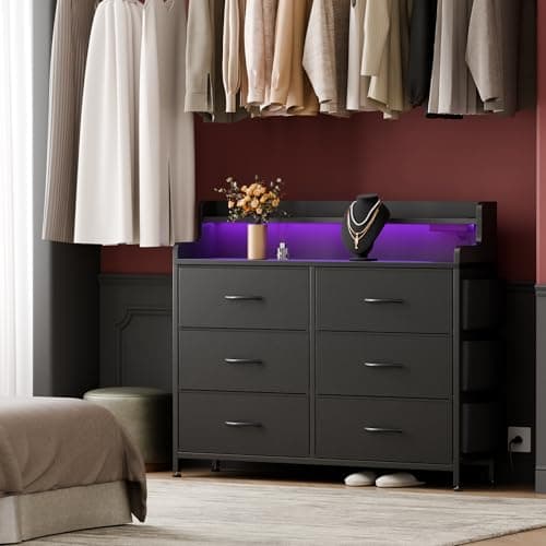 Lulive Black Dresser with 6 Drawers & LED Light for Bedroom